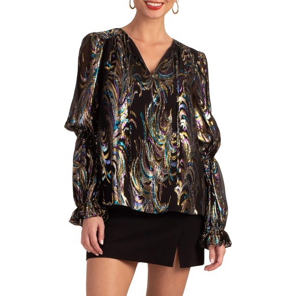 Trina Turk Tops - Trina Turk Top Ambrosial Silk Blend Metallic Jacquard V-Neck Black Multi S Glam